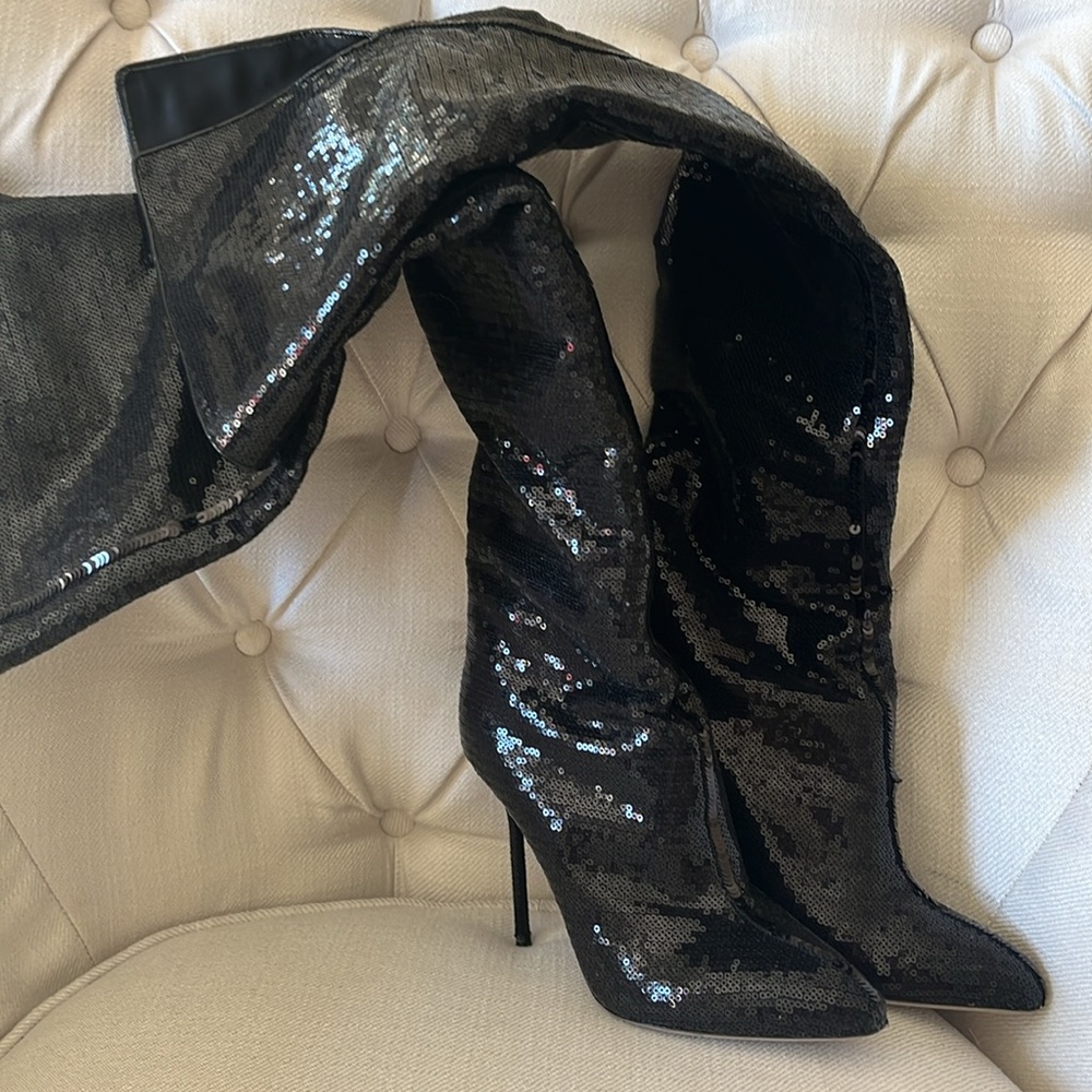 Rare thigh, high black sequence boots Sergio Ross size 9 - Picture 7 of 12